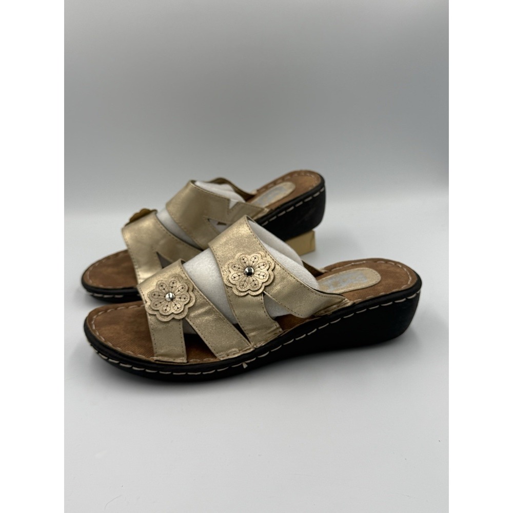 Soft Comfort PillowTime Slip On Sandals Women 9 Gold Floral Soft Cushion NIB